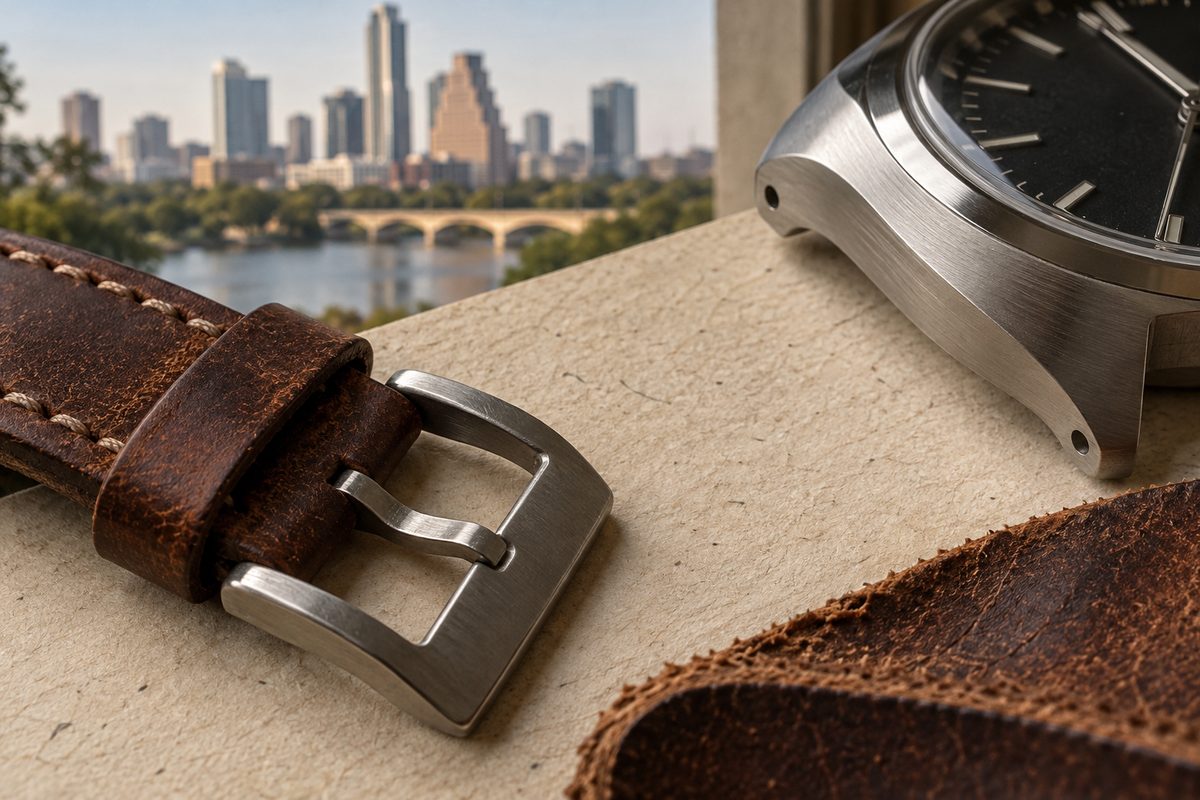 Watch buckle and leather edge detail on oat paper